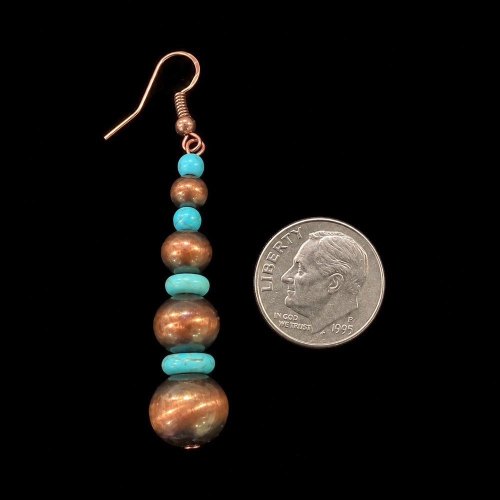 Turquoise Graduated Bead Drop Earrings Copper Tone Boho Dangle Statement